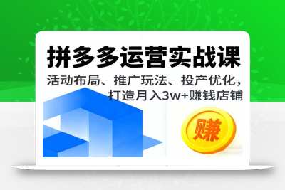拼多多运营实战课，活动布局、推广玩法、投产优化，打造月入3w+赚钱店铺